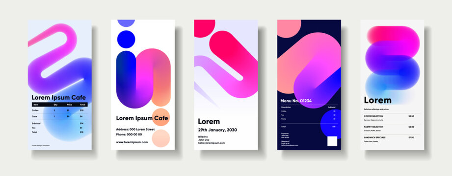 Modern abstract menu designs featuring vibrant gradients and geometric shapes. These templates are ideal for cafes and restaurants looking to enhance their visual appeal.