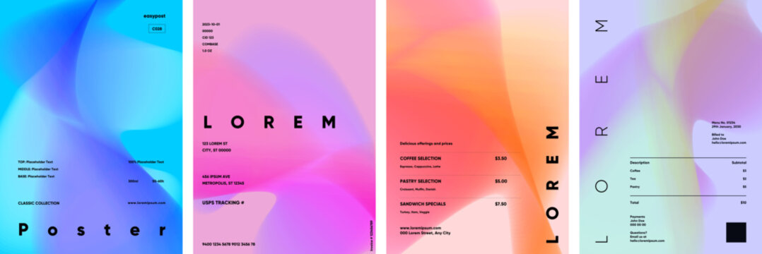 Abstract gradient backgrounds in blue, pink, and orange hues create a modern and dynamic design. Perfect for posters, flyers, or digital media projects.