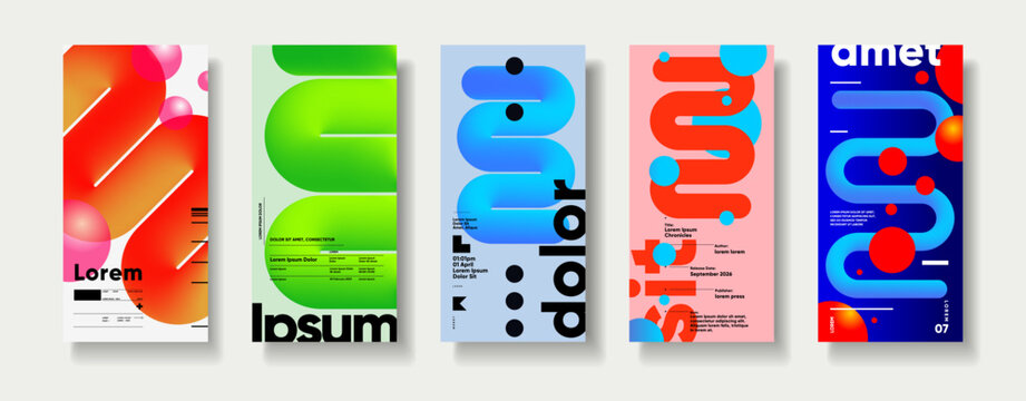 Set of five modern abstract posters featuring bold typography and vibrant gradients. Each design showcases a unique color palette and geometric shapes, perfect for creative projects.