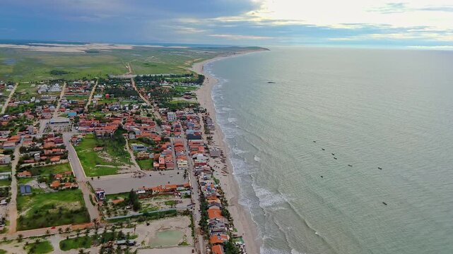 Overhead Aerial Shot of Northeast Brazil Coastal City with Dunes and Fishing Boats