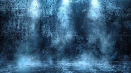 Fototapeta premium Dark, grungy, smoke-filled interior with stage lighting highlighting an aged concrete wall