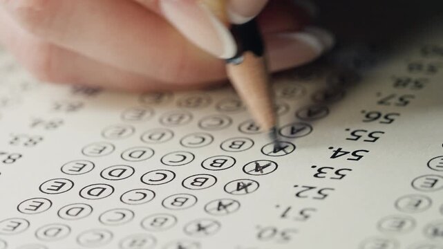 Unprepared Female Student Failing Test Choosing Same Answer. Stress, panic, exam anxiety and inability to concentrate during testing.