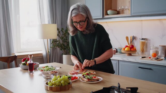 Focused mature woman places prosciutto slices onto crispbread