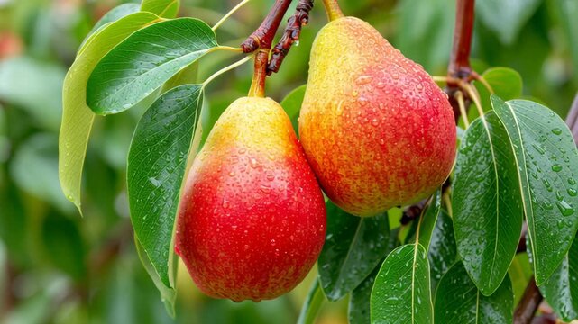 Ripe Pear fruits hanging on a tree. Vivid Yellow Red Pears cluster growing on a branch. Green natural leaves blurred background. Organic eco bio farming. Fruit garden orchard. Plantation. Harvesting.