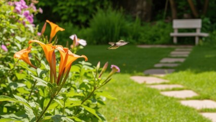 Obraz premium Vibrant green hummingbird soaring towards bright orange flowers.