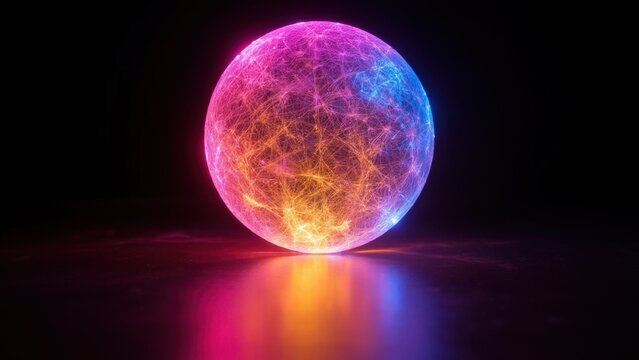 A round pink and blue LED light bulb that glows with the energy efficiency of renewable energy. This modern decoration is an innovative piece for any room.
