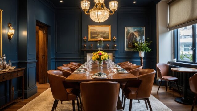 Modern blue living room with wooden flooring and wall-to-wall windows. Furnished with plush couches and a long dining table.