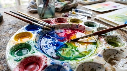Fototapeta premium A paint palette with mixed colors and brushes on a wooden table
