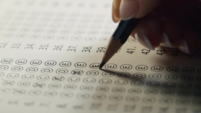 Female Student Taking Exam, Filling Multiple Choice Test. Certification Assessment Career