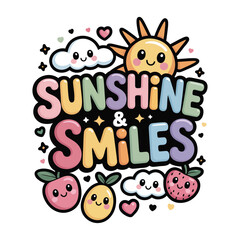 Fototapeta premium Sunshine and smiles are depicted with happy cartoon fruits and clouds, conveying a positive and cheerful message for children's products or uplifting graphics.