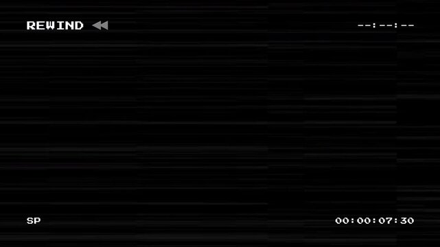 VHS Rewind Screen with Analog Glitch Effects and Retro Video Tape Static Noise Overlay Background for Vintage Film Aesthetic and Old Camera Recording Simulation
