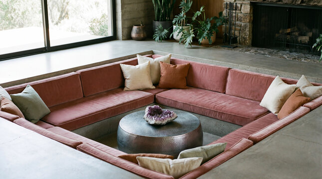 Sunken Conversation Pit in Hotel Foyer with Plush Cushions for Serene Social Luxury Spaces