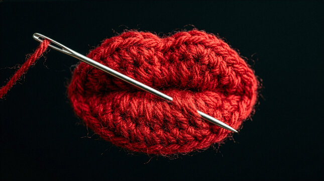 A creative macro shot of bright red knitted yarn shaped like human lips with a silver sewing needle piercing through them against a black background