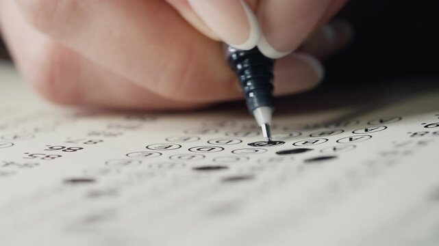 Close-up footage of a student completing a test and marking answers on paper. Concept of exams, education, knowledge testing, certification and academic achievement.