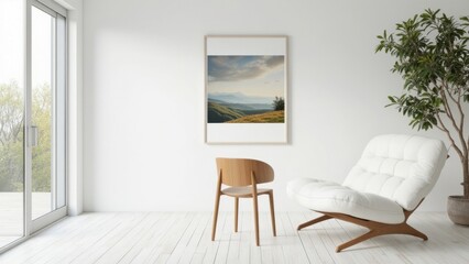 Fototapeta premium Spacious minimalist living room with comfortable furnishings, artwork on wall and potted plant.