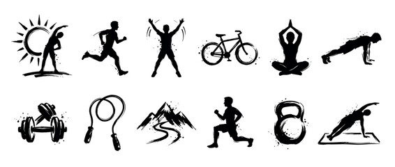 Naklejka premium Various black grunge fitness activity icons are displayed in a collection on a clean white background, showcasing different exercises and sports