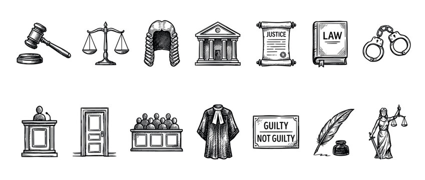Various hand-drawn law and justice icons, including a gavel, scales, wig, courthouse, and Lady Justice, presented in a classic sketch style on a clean white background