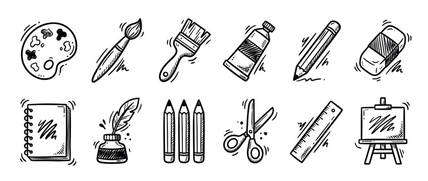 Hand drawn doodle art and school supplies collection, featuring various creative tools in a charming sketch style, isolated on a clean white background