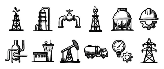 Collection of hand-drawn energy industry icons, featuring various oil, gas, and power elements in a doodle sketch style, isolated on a clean white background © Vladislav