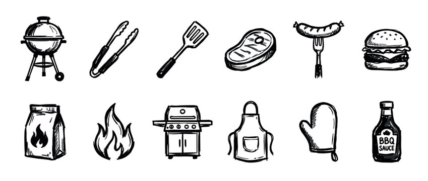 Collection of hand-drawn barbecue and grilling icons, including grills, tools, food, and accessories, presented in a doodle style on a clean white background