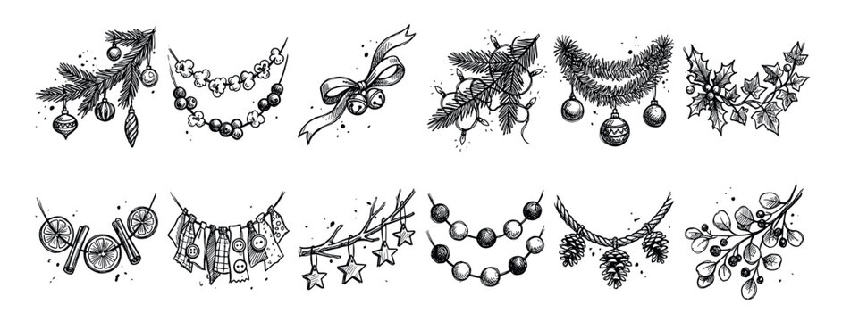 Various hand-drawn Christmas and holiday decorations, including festive garlands, ornaments, branches, and bows, presented in a charming sketch style isolated on a clean white background