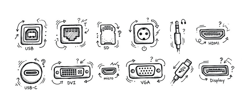 Diverse collection of hand-drawn computer port icons, including USB, HDMI, and VGA, rendered in a charming doodle sketch style on a clean white background, representing various connection types