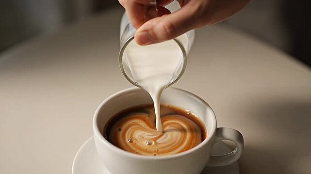 Milk being poured into a cup of coffee creating latte art