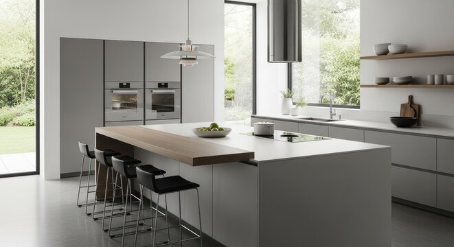 Modern minimalist kitchen design with island counter and bar stools