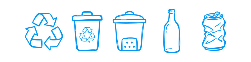 Set of blue hand-drawn icons featuring a recycle symbol, trash bins, a glass bottle, and a crushed can. Ideal for eco-friendly, sustainability, and waste management concepts. © Nort Kor