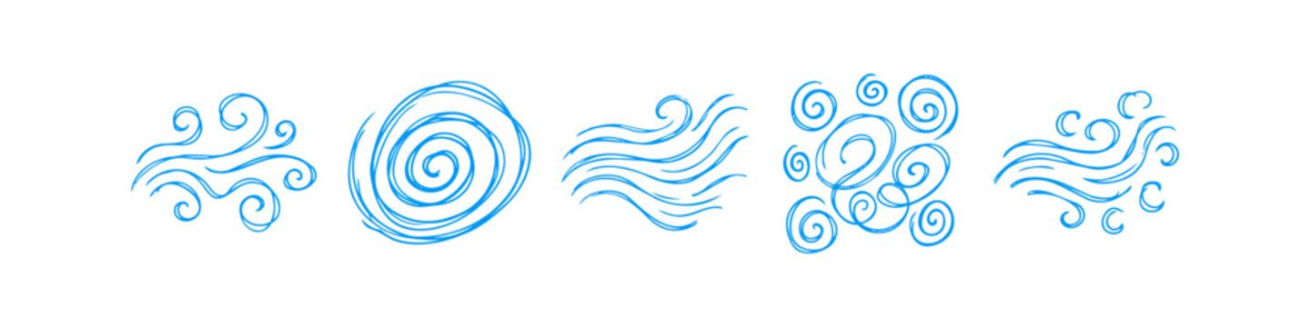 Set of hand-drawn blue wind and air current icons. Doodle-style sketches of swirling breezes, gusts, and storm swirls isolated on a white background.