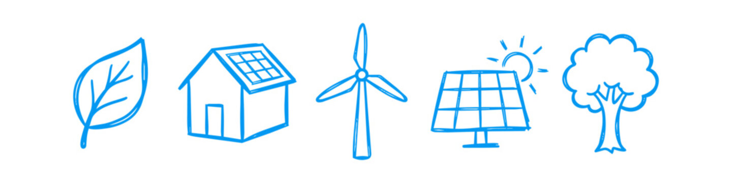 Blue hand-drawn sketches of eco-friendly icons: leaf, solar house, wind turbine, solar panel, and tree. Concept of renewable energy and sustainability in a doodle style.