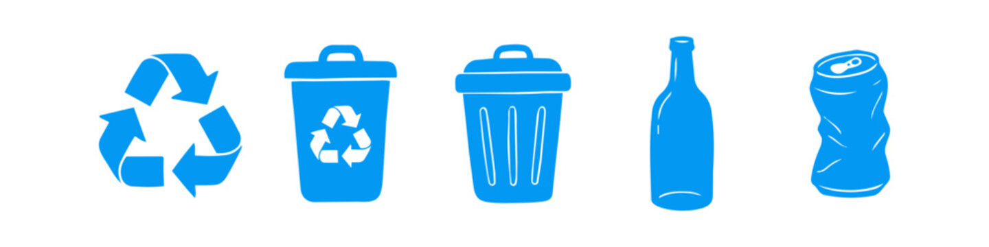 Set of blue recycling and waste management icons featuring a recycle symbol, trash bins, a glass bottle, and a crushed aluminum can on a white background.