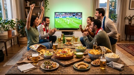 Fototapeta premium Group of Friends Watching Soccer Game at Home with Snacks on Table
