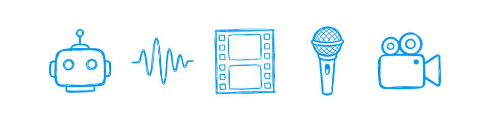 Set of hand-drawn blue media and technology icons including a robot, sound wave, film strip, microphone, and video camera. Isolated doodle sketches for content creation and AI concepts. © Nort Kor