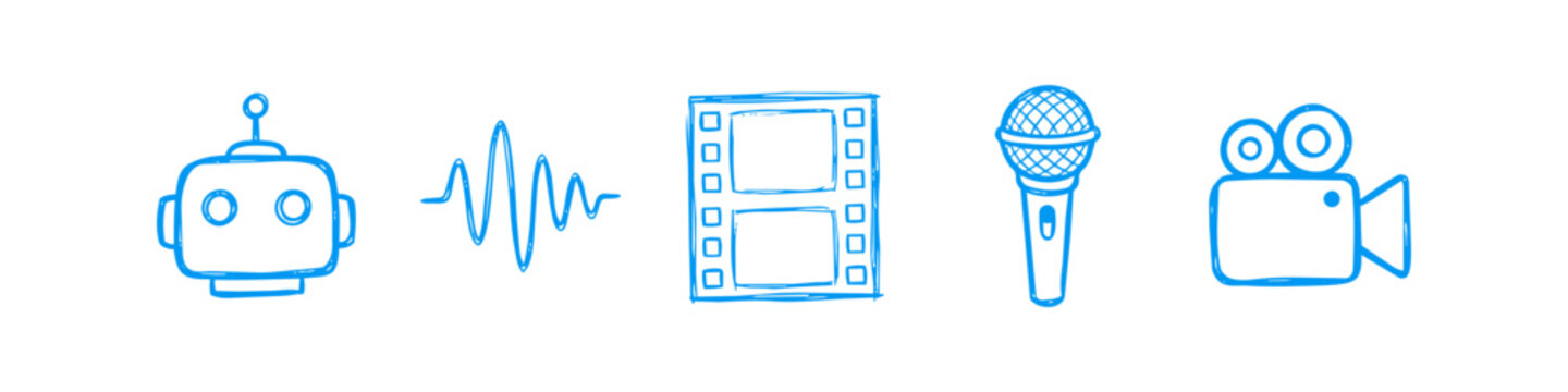 Set of hand-drawn blue media and technology icons including a robot, sound wave, film strip, microphone, and video camera. Isolated doodle sketches for content creation and AI concepts.