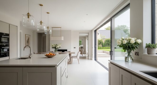 Modern open-plan kitchen with large sliding glass doors opening to a manicured garden during daylight