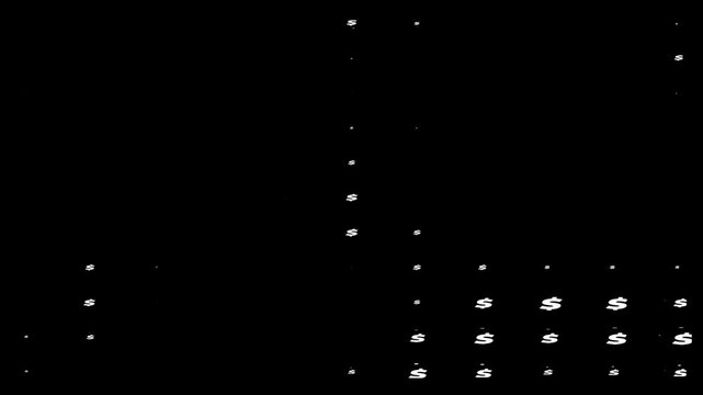 White US dollars signs on black background. Abstract animation with grid-like arrangement of American dollar symbols.