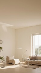 Naklejka premium Modern, sunlit living room with clean, minimalist design featuring white walls and large windows. Couch and armchair are arranged for conversation near a floor lamp.