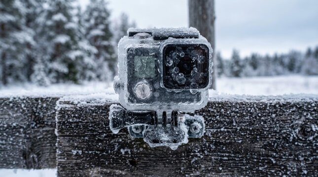 Action camera frozen solid with ice and snow, mounted on old wooden fence outdoors. Extreme winter weather, adventure equipment concept.