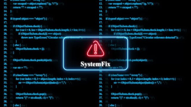 System fix error warning over digital programming code background, for software development, and cybersecurity concepts
