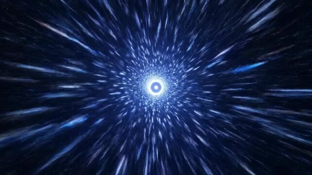 Warp speed hyperspace tunnel with blue and purple light streaks, simulating warp drive or hyperdrive travel in deep space. Ideal for sci-fi backgrounds, intros, and futuristic video transitions