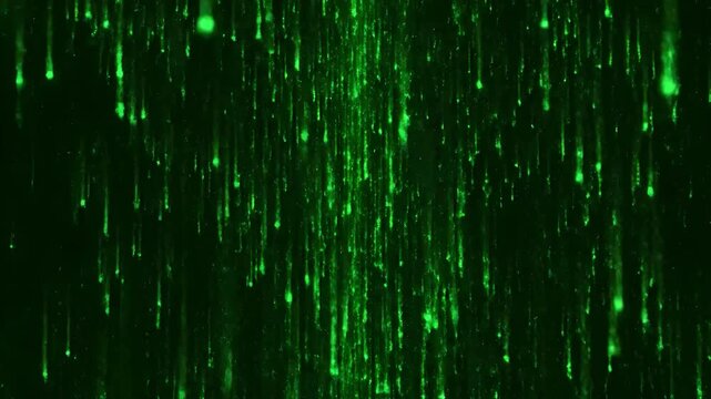 Green particles falling vertically on black background with digital matrix effect