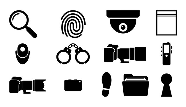 Detective and Surveillance Equipment Silhouettes, Investigation Tools and Spy Gadget Icons