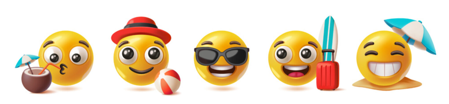 Travel 3D emoji set. Smiley face emoticons with sunglasses, beach umbrella, coconut cocktail and suitcase. Summer vacation. Cartoon hand drawn vector illustration collection isolated on background