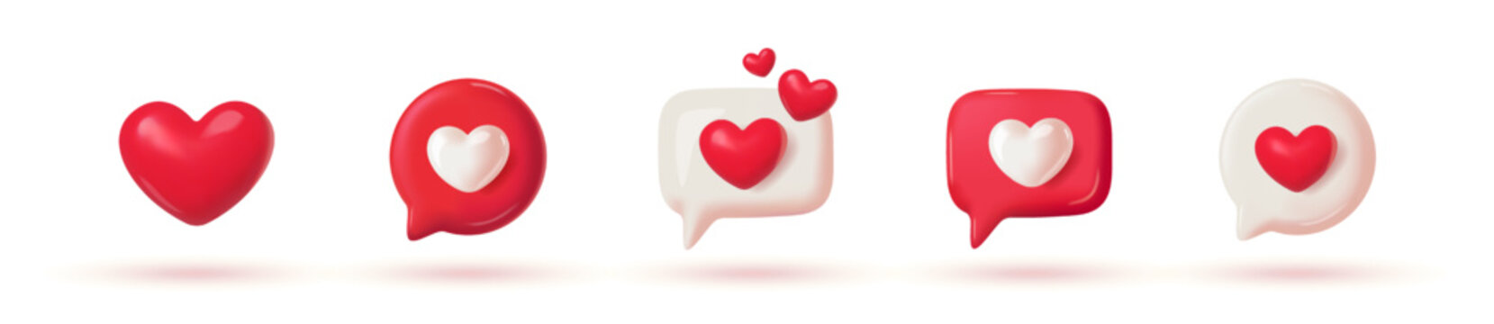 Social media likes 3D icons set. Speech bubble messages with red and beige hearts. Reaction buttons and emoji for messengers. Cartoon hand drawn vector illustration collection isolated on background