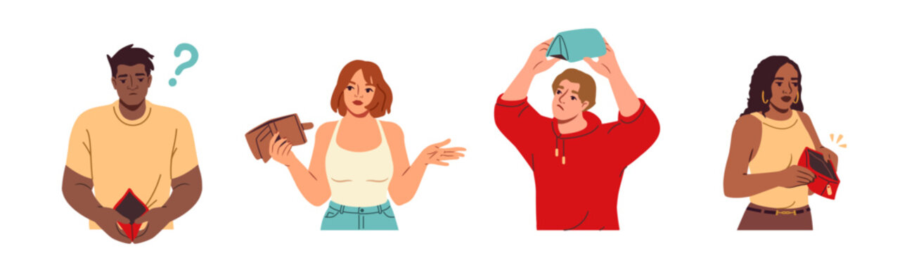 Set of people with empty wallets. Poor men and women without money overcoming financial problems or bankruptcy. Flat hand drawn vector illustration collection isolated on background