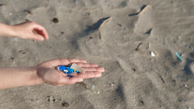 Volunteer collecting microplastics and garbage on a sandy beach. Volunteer hands picking up small pieces of plastic fragments from the sand, showing the problem of microplastic pollution