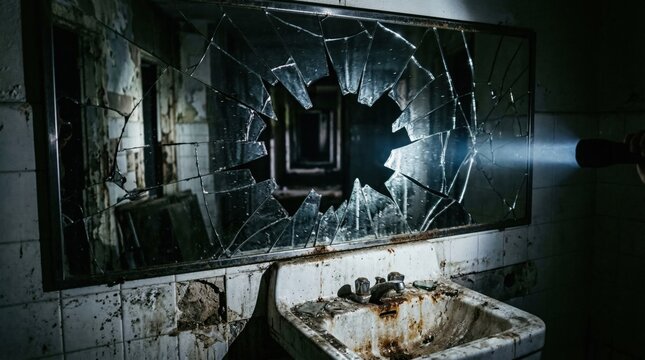 Broken mirror reflecting abandoned hospital corridor with flashlight beam illuminating dark and decayed interior