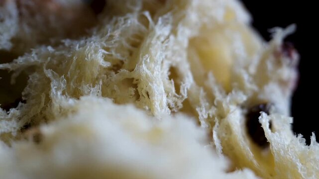 Soft airy crumb of Easter kulich with raisins macro close-up fluffy porous texture sweet bread bakery detail