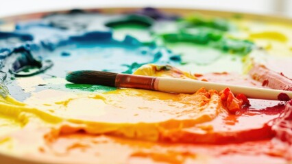 Obraz premium Colorful art paint palette with various types of brushes and paints, ready for creative expression.